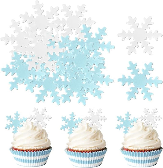 Rsstarxi 50 Pack Edible Snowflake Cupcake Toppers Baby Shower Cake Decorations Winter Frozen Snowflake Cake Toppers for Winter Theme Kids Birthday Party Cake Decorations Blue White