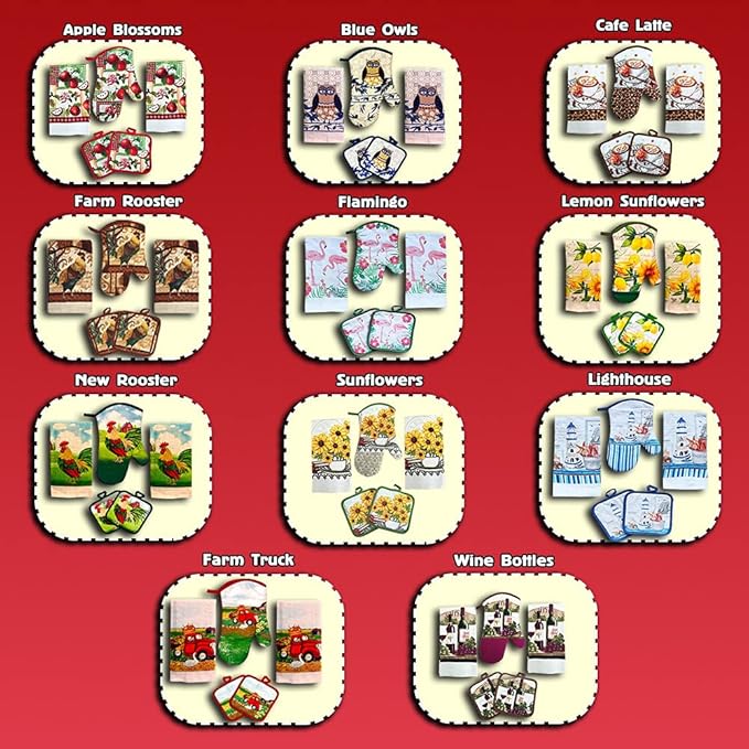 Lobyn Value Packs - 5 Piece Country Kitchen Towel Set: Features Red Apples on a Patchwork Quilt, 2 Decorative Dish Towels, 1 Oven Mitt, and 2 Quilted Potholders