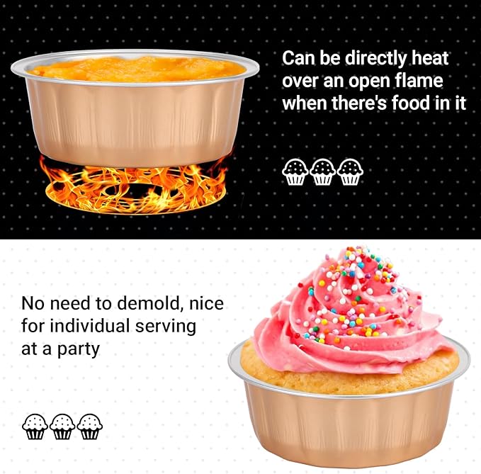 Beasea Aluminum Ramekins, 8oz 100 Pack Disposable Ramekins Foil Cups Baking 3.9" Ramekin Cup Cupcake Aluminum Mini Baking Cups for Party - Rose Gold