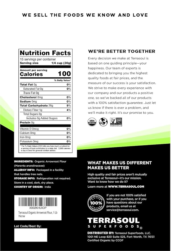 Terrasoul Superfoods Organic Arrowroot Flour, 1 Lb - Gluten-free | Improves Texture for Keto Baking | Doesn't Alter Flavor