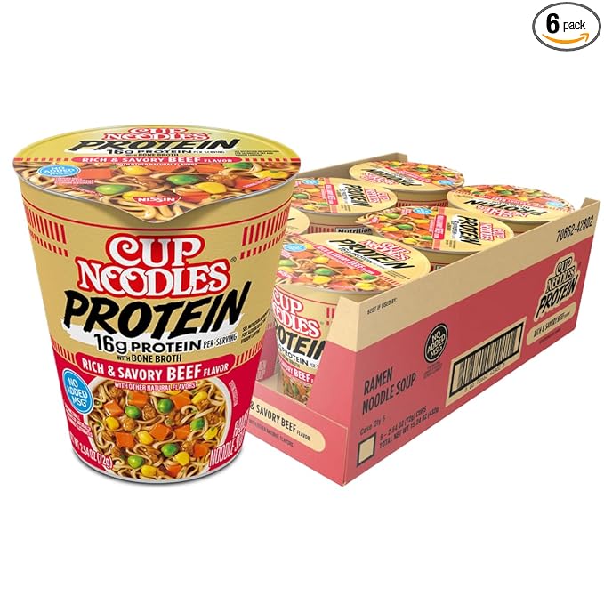 Nissin Cup Noodles Protein Ramen, Beef Flavor with Bone Broth, 16g Protein, 2.54 Ounce Cup (Pack of 6)