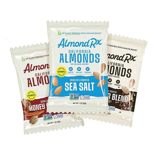 AlmondRx | Heart Healthy Skinless Lightly Salted California Almond Snack Packs | Fortified with Vitamin D | Plant Protein | Keto | Vegan | No Sugar Added (12 Pack, Variety Pack)