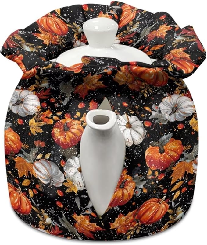 Pumpkin Maple Tea Cozy for Teapot Insulated Soft Tea Kettle Cover for Halloween Day Resuable Tea Pot Cozy for Keeping Warm Kettle Kitchen Dust Cover for All Saints' Eve