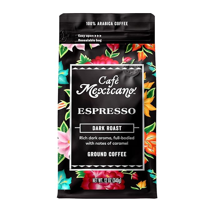 Caf챕 Mexicano - Espresso Ground Coffee - Specialty Arabica Coffee Sourced from Mexico - 12 oz. Bag
