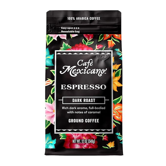 Caf챕 Mexicano - Espresso Ground Coffee - Specialty Arabica Coffee Sourced from Mexico - 12 oz. Bag