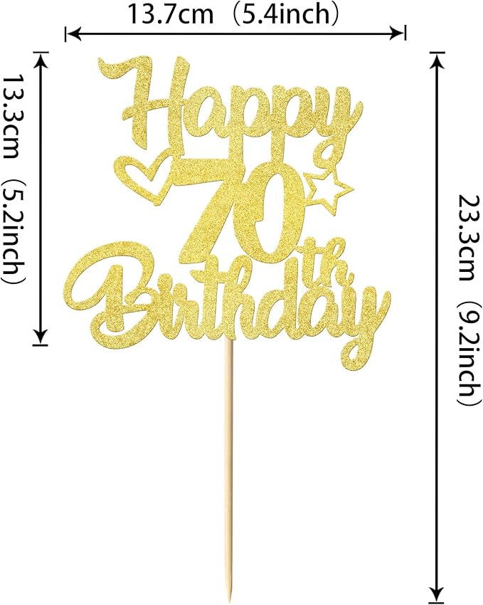 1 Pack Happy 70th Birthday Cake Topper Glitter Heart Star 70 Fabulous Cake Pick Birthday Sign Cake Decorations for Children 70th Birthday Theme Party Supplies Gold