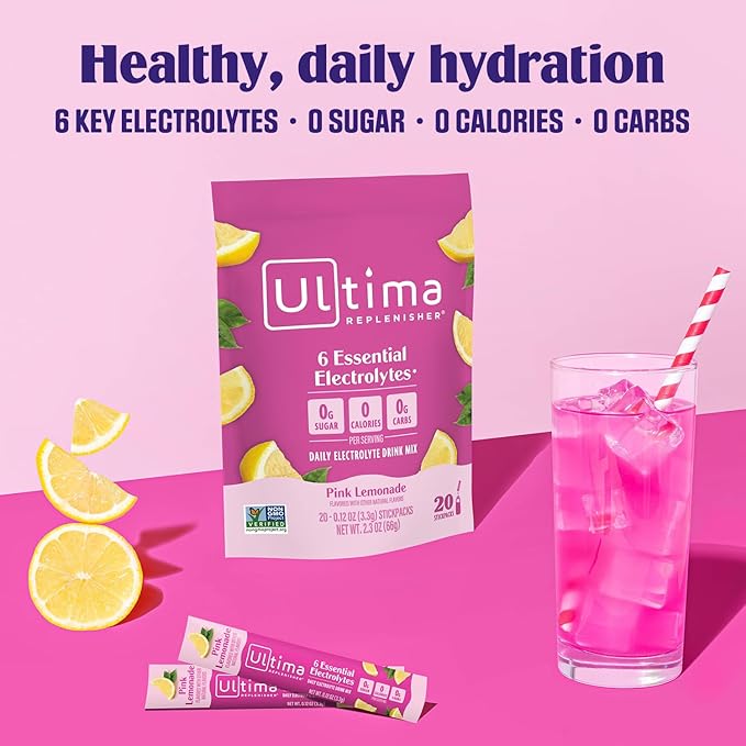 Ultima Replenisher Daily Electrolyte Powder Drink Mix ??Sugar Free ??Pink Lemonade, 20 Stickpacks ??Hydration Packets with 6 Electrolytes and Trace Minerals ??Keto Friendly, Vegan, Non-GMO