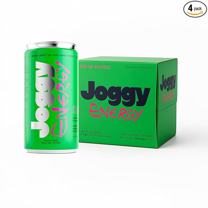 Joggy Organic Energy Drink | Solar Mango (4pk) | Clean Pre Workout Beverage with 150mg Guayusa Caffeine & No Added Sugar | Plant-Based, Gluten Free, Non-GMO, Vegan, Non-Jittery Focus Drink