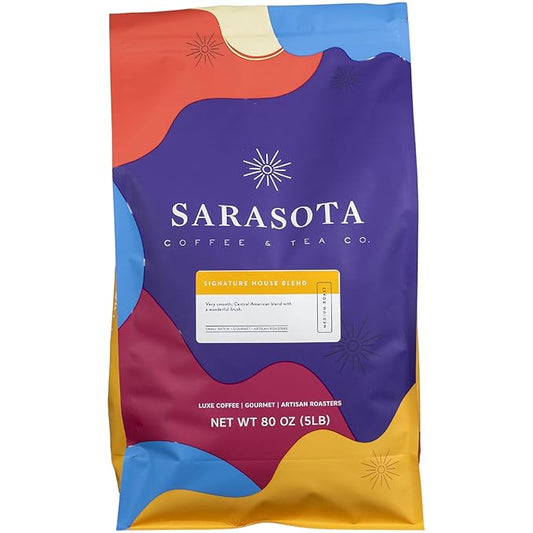 Sarasota Coffee Ground Signature House Breakfast Blend | Medium Roast Gourmet Coffee Grounds | Low Acid, Mold Free, Specialty Grade Bulk Ground | 5lb (80 oz)