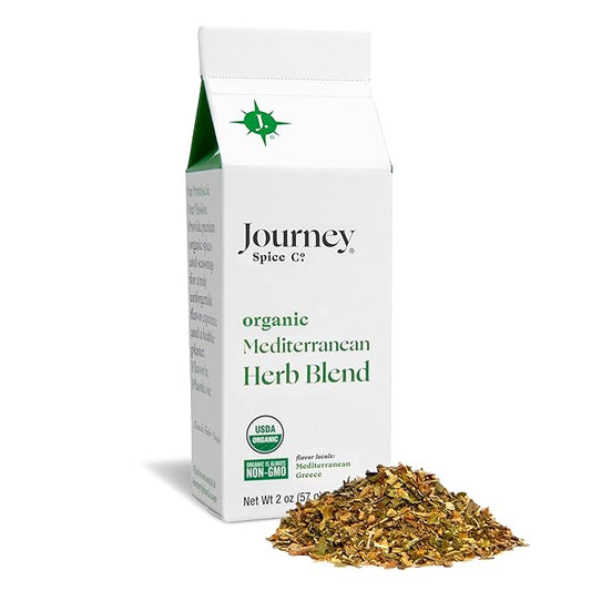 Organic Mediterranean Herb Blend by Journey Spice Co. | Gourmet Spice Seasoning Blend for Chicken, Pork, Vegetables, Tzatziki Sauce, Vegetables, Potatoes, and More | Salt-Free, Sugar-Free, MSG-Free, Non-GMO | 2 oz. | Resealable/Reusable Cap