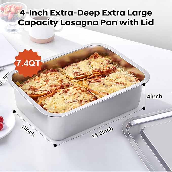 4 Inch Extra Deep Lasagna Baking Pan with Lid, 11x14.2Inch 7.4QT Large Stainless Steel Nonstick Lasagna Baking Roasting Pans Casserole Dishes for Oven with Lids(M, 1 Pack)