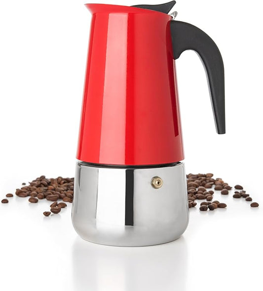 Mixpresso Red 9 Cup Greca Stovetop Espresso Pot 450ml/15oz, Moka Pot with Coffee Percolator Design, Stainless Steel Stove Top Coffee Maker for Camping or Home Use,Italian Stovetop Espresso Maker