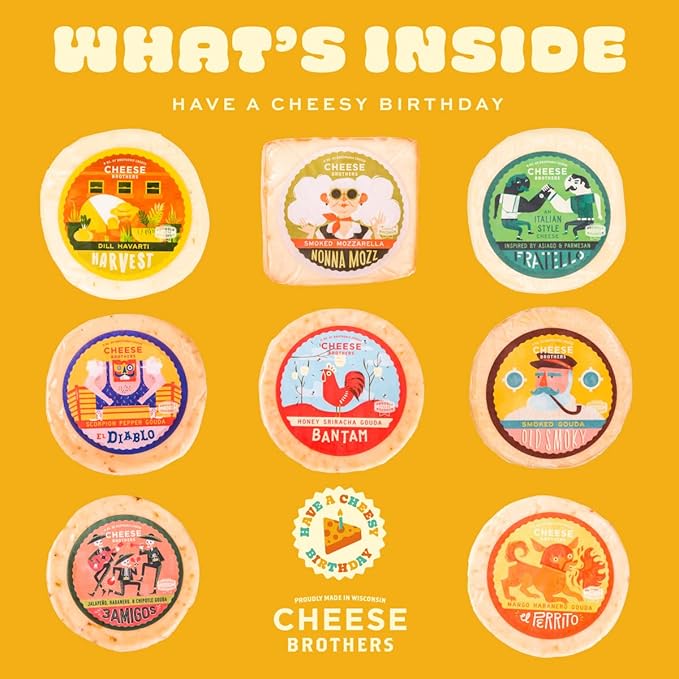 Cheese Bros "Have a Cheesy Birthday" Gift Basket | Fresh from Wisconsin | Includes Smoked Mozzarella, Dill Havarti, Assorted Gouda, Fratello Parmesan blend | Happy Birthday Food Present