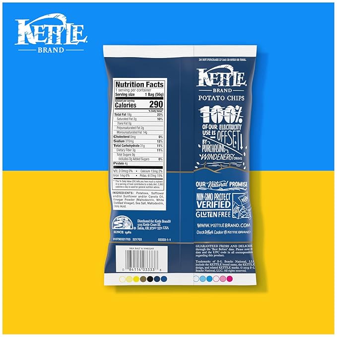 Kettle Brand Potato Chips, Salt & Vinegar Kettle Chips, Snack Bag, 2 Oz