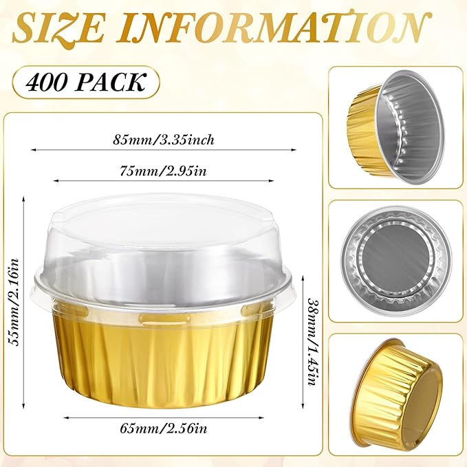 Gejoy 400 Pcs Aluminum Foil Baking Cups with Lids 5 oz Disposable Ramekins Mini Cake Pans Creme Brulee Cupcake Liners Muffin Tins Flan Mold Dessert Container for Wedding(Gold,Classic)