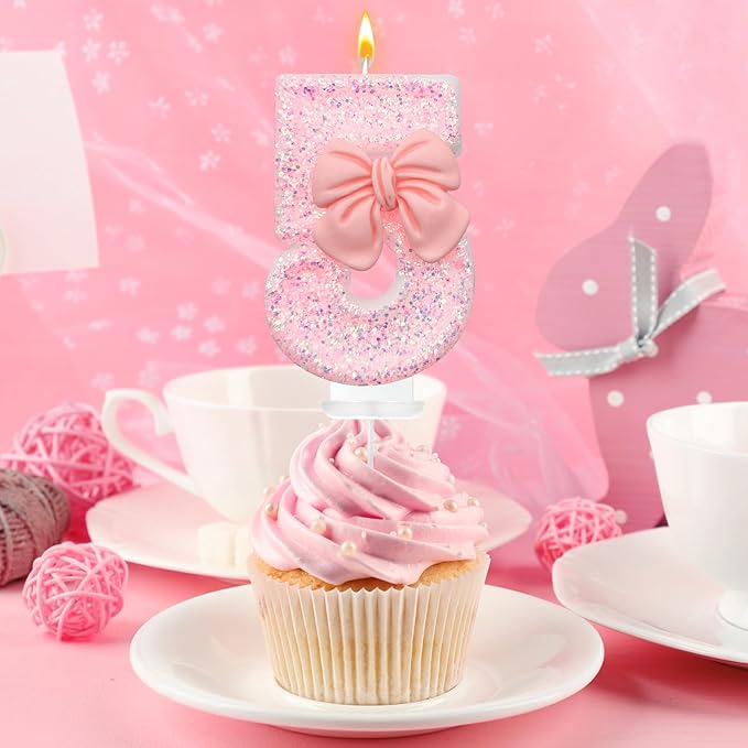 Birthday Cake Candles, Pink Glitter with Bow Cake Candles, Birthday Party Cake Toppers, Cute Birthday Candle Decorations (5)
