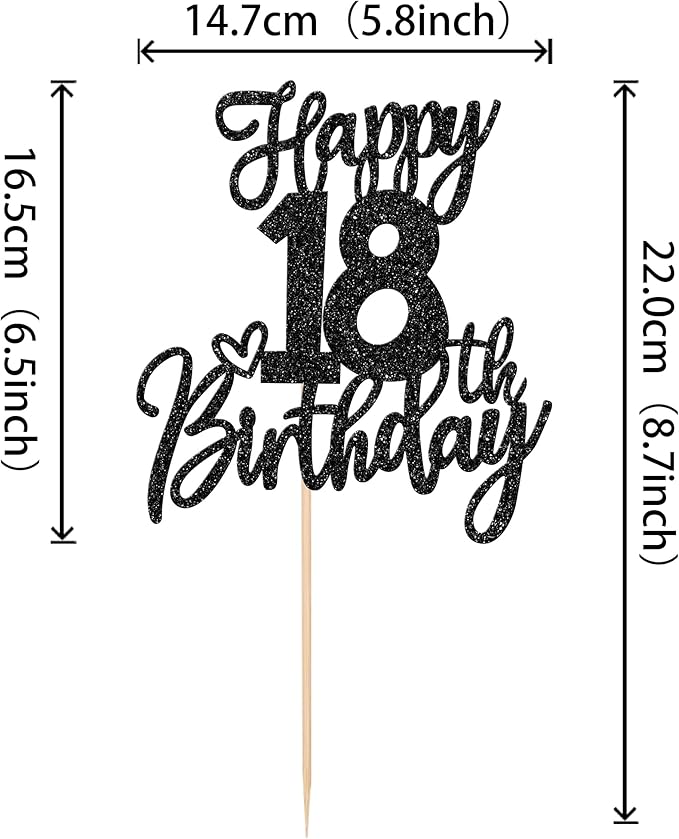 1 PCS Happy 18th Birthday Cake Topper Glitter Cheers to 18 Years Birthday Cake Pick Eighteen Hello 18 Fabulous Cake Decoration for Happy 18th Birthday Anniversary Party Decorations Supplies Black