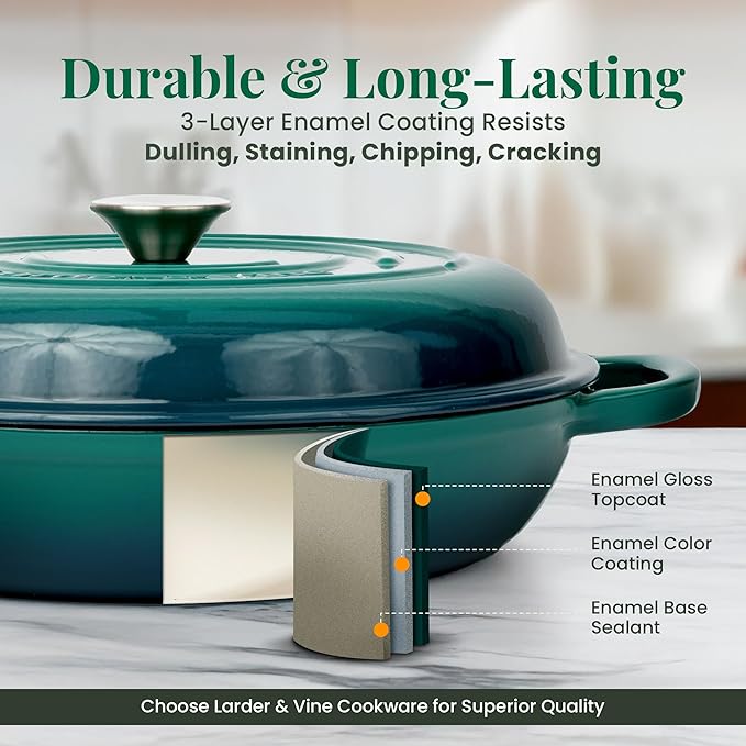 Larder & Vine Enameled Cast Iron Braiser | 3.6 qt Braiser Pan with Lid | Shallow Dutch Oven Compatible on All Cooktops | Casserole Dish Oven Safe to 500ì§?F | Dual Handles | Bondi
