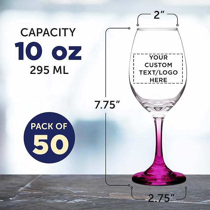 Custom Rioja Wine Glasses with Stem 10 oz. Set of 50, Personalized Bulk Pack - Color Bottom, Perfect for Wedding, Party Favors, Birthday, Bridal Shower Gifts - Pink