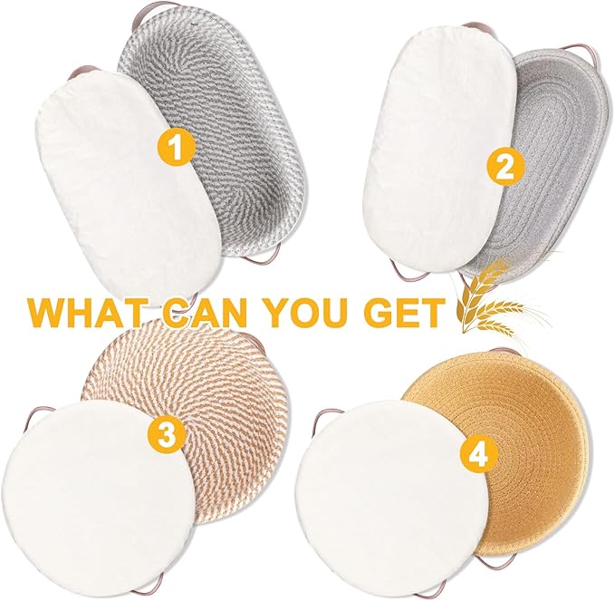 Cotton Rope Banneton Bread Proofing Basket 10 Inch Oval & 9 Inch Round Banneton Basket Set of 4 Sourdough Bread Baking Supplies with Liner & Cover