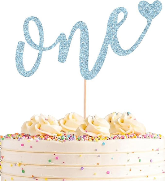 First Birthday Cake Topper - Light Blue Glitter Love One Birthday Cake Decorating Supplies, Perfect for Baby Shower/Gender Revealing Party/Baby Party Photo Booth Props