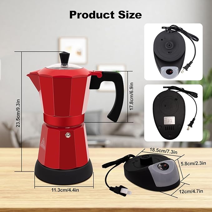 Electric Aluminum Moka Pot 5-6 Cup 270ml Espresso Maker with Detachable Base Ideal Coffee Makers for Home MochaPot Italian and Cuban Cafì±?Coffeemaker Espressomaker CoffeePot Red