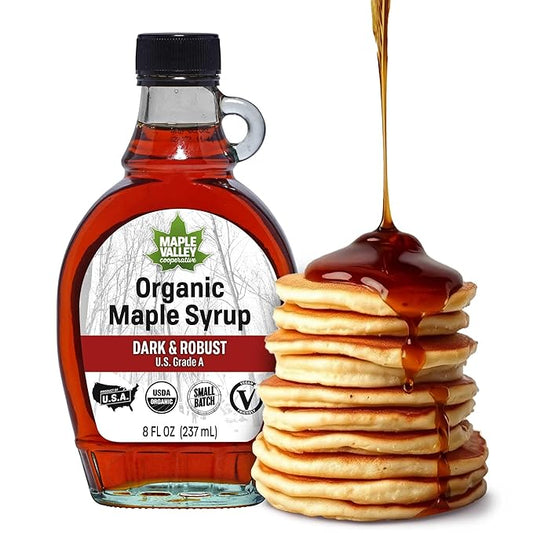 Maple Valley Organic Pure Maple Syrup, Dark & Robust Better Than Pancake Syrup, Use for Coffee or All-Natural Sugar Substitute in Cooking and Baking (8oz Glass Bottle)