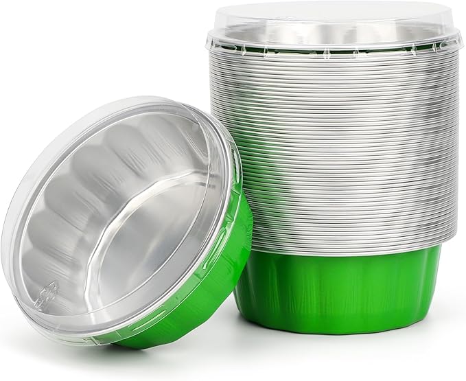 Beasea Disposable Ramekins 8oz, 50 Pack Foil Cups with Lids Cupcake Cups Grass Green Aluminum Foil Cups Creme Brulee Muffin Cupcake Baking Cup Mini Pudding Cake Tins for Party Wedding Birthday