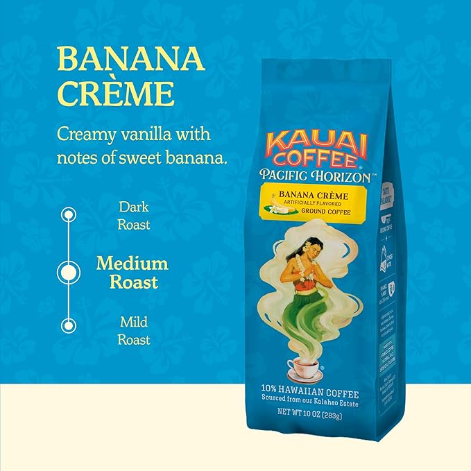 Kauai Coffee Ground Coffee ??Smooth, Rich ??Banana Flavor with Creamy Vanilla ??Arabica Coffee, 10% Hawaiian with No Bitterness ??Banana Crème, 1 Pack of 10oz