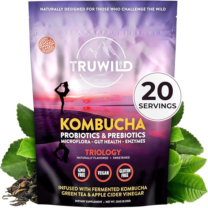 TruWild Natural Kombucha Powder Probiotic Supplement Vegan Drink Mix ??Gut Health Digestive Enzymes w/Live Cultures + Apple Cider Vinegar & Prebiotics ??20 Servings