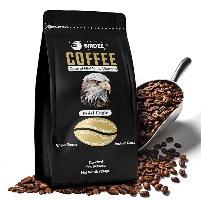 Birdee Robusta Coffee Beans ??16 oz, Medium Roast, Whole Bean, 100% Robusta, Low Acid, High Caffeine, Single Origin, Fine Robusta Standard, Hand Picked from Vietnam