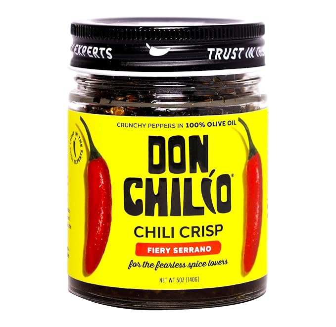 Don Chilio Medium Heat Serrano Mexican Chile Crisp, 5 oz. ??Crunchy Sliced Serrano Fried Chili Peppers in Hot Seasoned 100% Olive Oil ??Keto-Friendly, Vegan, Gluten Free