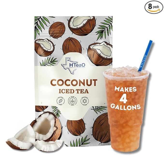 HTeaO Coconut Black Tea – Texas-Style Flavored Iced Tea Bags for Summer – Instant Ice Tea Packets for Quick Brew - Loaded Tea Sachets Ready in 5 Minutes (8-Count, Makes 4 Gallons Total)