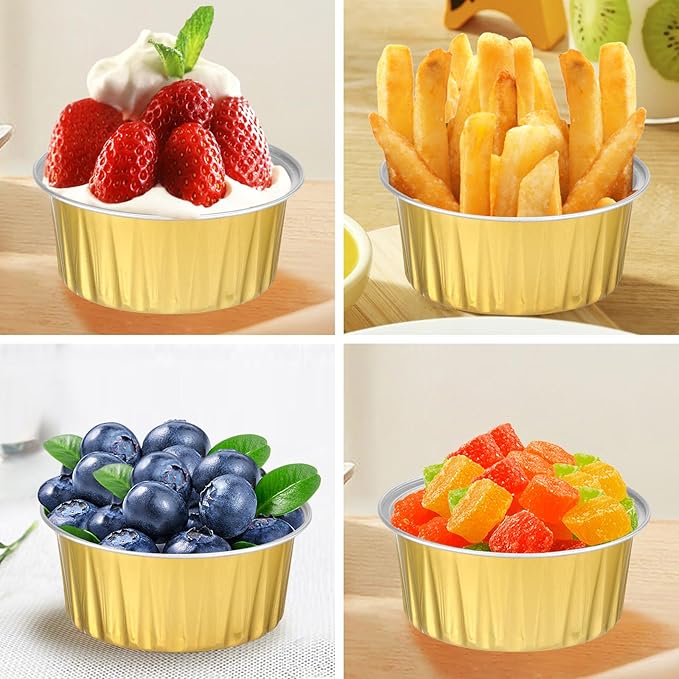 200Pack 5oz Gold Mini Cake Pans with Lids and Spoons Baking Cups Aluminum Foil Tins, Individual Round Dessert Cups Containers for Sales,Party,Picnics