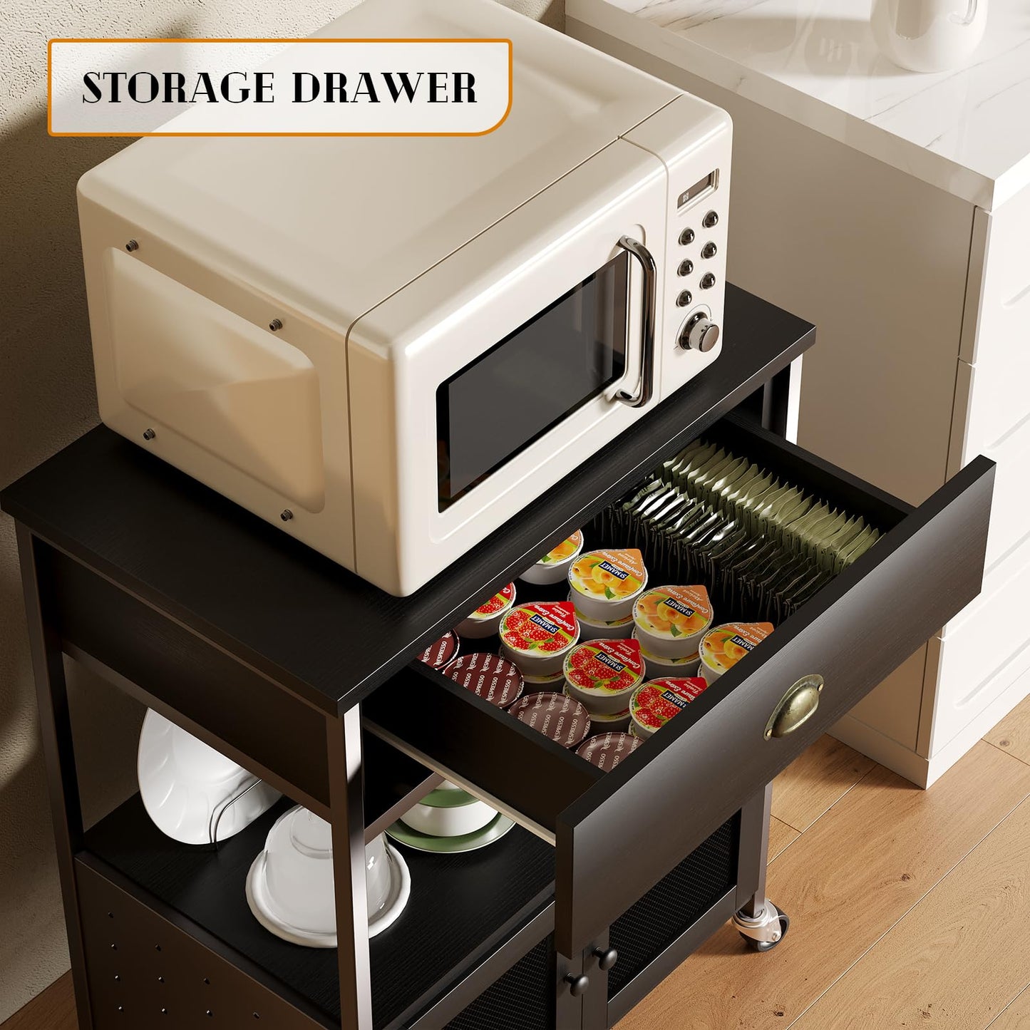 Catrimown Coffee Bar Cart Cabinet,3 Tier Coffee Station Table on Wheels,Coffee Cart with Storage