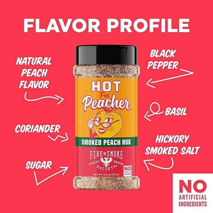 Fire & Smoke Society Hot for Peacher BBQ Rub | BBQ Seasoning for Smoking and Grilling Meat | Pulled Pork Ribs Chops, Poultry, Chicken, Beef, Dry Rubs and Spices | XL 12.5 oz