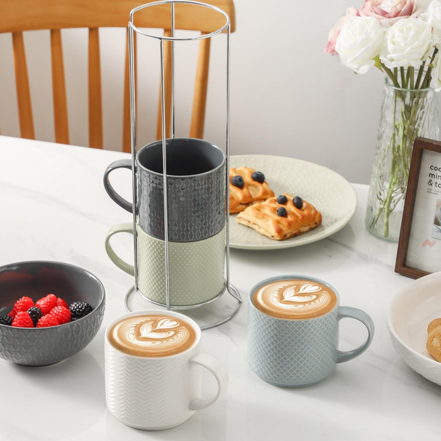 HASENSE Coffee Mugs with Metal Stand,15 oz Ceramic Stackable Mug Set Embossed Latte Cup, Ceramic