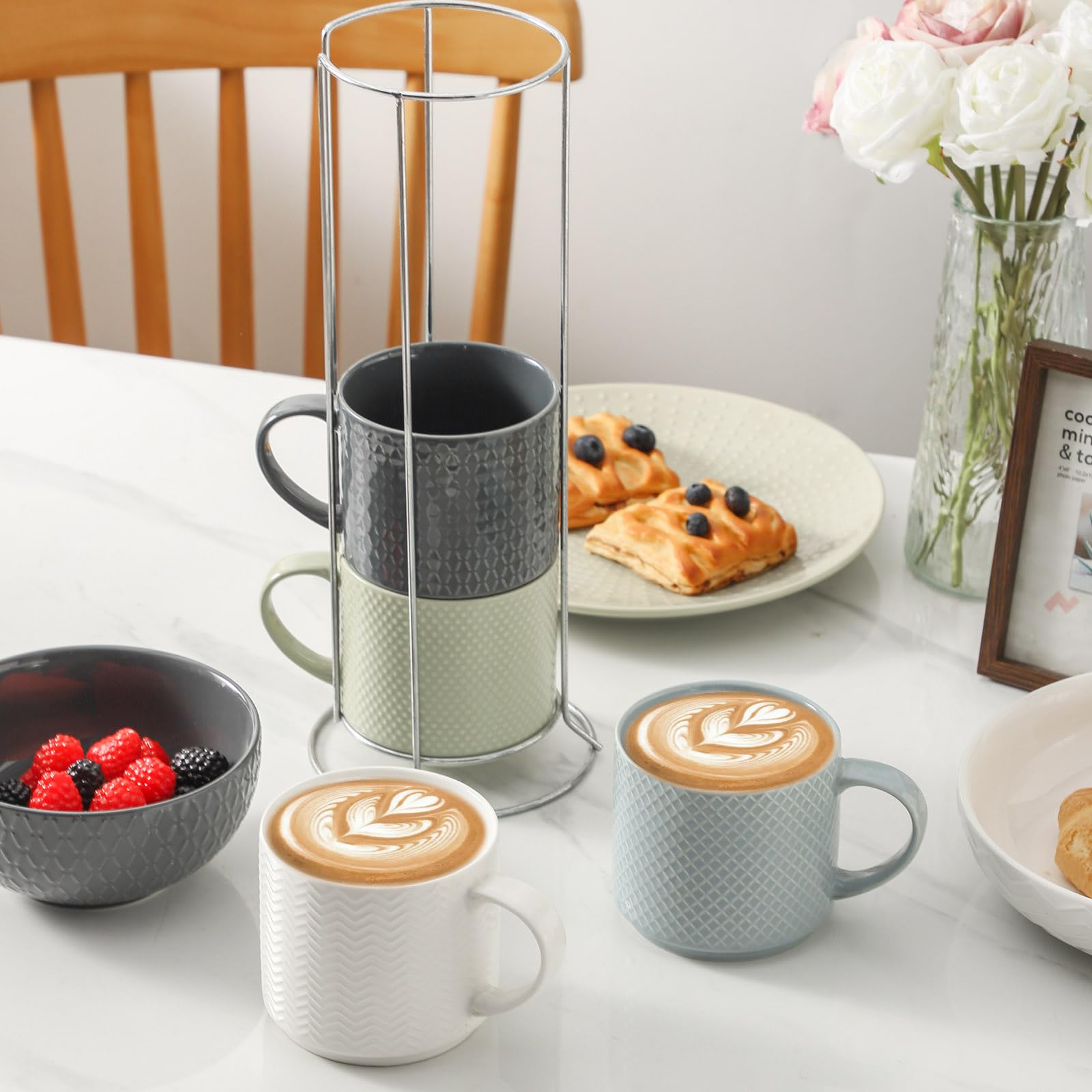 HASENSE Coffee Mugs with Metal Stand,15 oz Ceramic Stackable Mug Set Embossed Latte Cup, Ceramic
