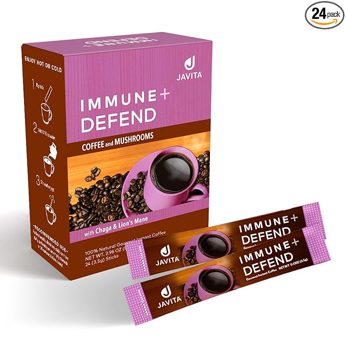 Mushroom Coffee by Javita, Immune & Defend Blend of Chaga, Lion's Mane and Dark Roast Coffee for Morning Boost, Antioxidant Support; Keto-friendly, 1 box of 24 (3.5 g) Sticks, 24 ct