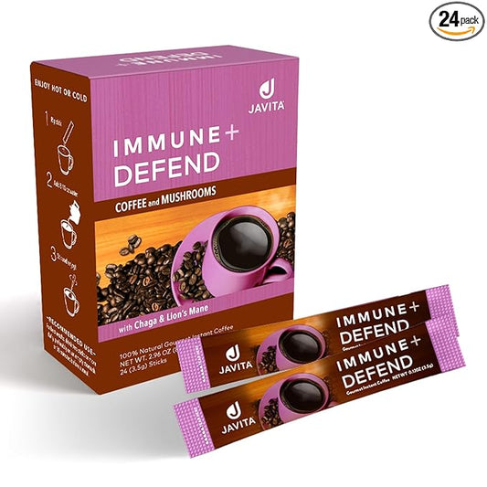 Mushroom Coffee by Javita, Immune & Defend Blend of Chaga, Lion's Mane and Dark Roast Coffee for Morning Boost, Antioxidant Support; Keto-friendly, 1 box of 24 (3.5 g) Sticks, 24 ct