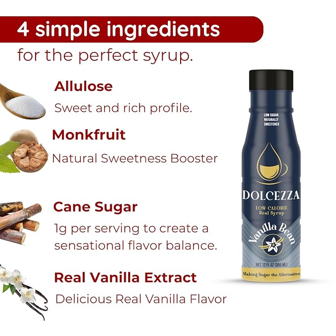 Dolcezza Vanilla Allulose Syrup, All Natural Low Sugar Sweetener for Coffee, Mixed Drinks and Baking. Keto Friendly, Monkfruit Blend, No Artificial Sweeteners, No Stevia Aftertaste. – 12 oz (12 fl oz, Vanilla)