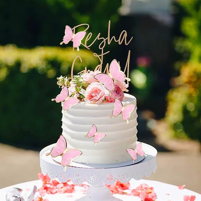 30PCS Butterfly Cake Toppers 3D Pink Gold Tail Butterfly Birthday Party Cupcake Toppers Decorations for Anniversary Wedding Party Baby Shower Supplies Wall Decor