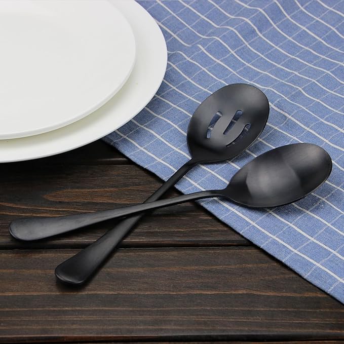 Serving Spoons Set, Black Stainless Steel, 8.7 Inch, Slotted and Solid Serving Utensils for Party Buffet Dinner Banquet Cooking Kitchen Basics, Mirror Finish Flatware, 4 Piece