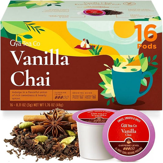 Gya Tea Co Vanilla Chai Black Tea Pod (16 ct) - High Caffeine Chai Latte Tea for Refreshed & Energy