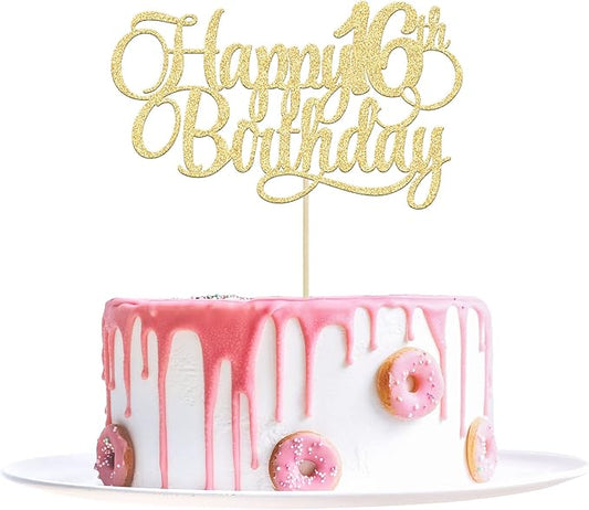 1 Pack Happy 16th Birthday Cake Topper Glitter Number 16 Sixteen Years Old Birthday Cake Pick Decoration for 16th Birthday Celebrating Anniversary Party Supplies Gold