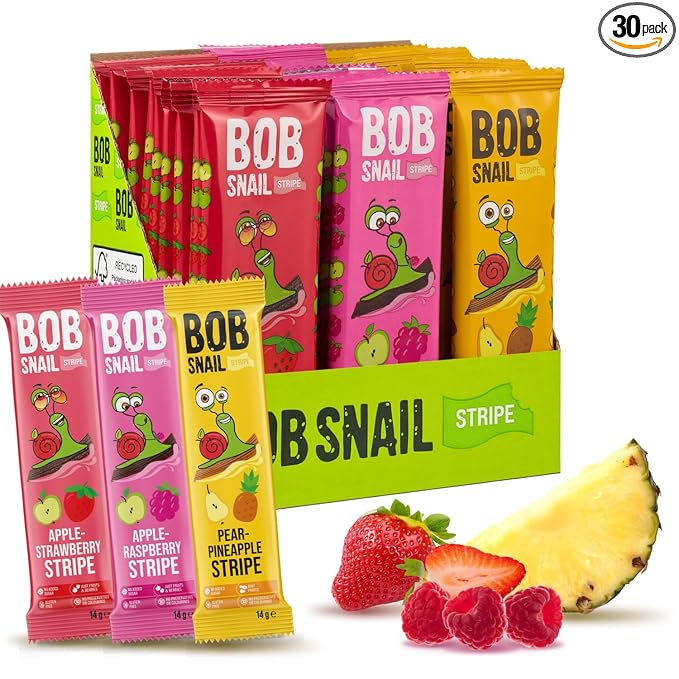 BOB SNAIL Healthy Organic Fruit Snacks for Kids and Adults ??30 Organic Fruit Leather Snacks with Strawberry, Raspberry, Pineapple ??Vegan Low-Carb Variety Pack Strips for Kids ??Sugar Free Jerky Bars
