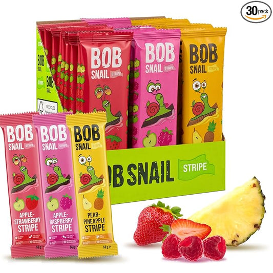 BOB SNAIL Healthy Organic Fruit Snacks for Kids and Adults ??30 Organic Fruit Leather Snacks with Strawberry, Raspberry, Pineapple ??Vegan Low-Carb Variety Pack Strips for Kids ??Sugar Free Jerky Bars