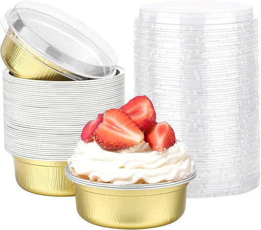 Beasea Aluminum Ramekins With Lids, 50 Pack 8.8oz 260ml 4 Inch Disposable Foil Aluminum Baking Cups Round Oven Baking Mini Cupcake Cups for Party - Golden
