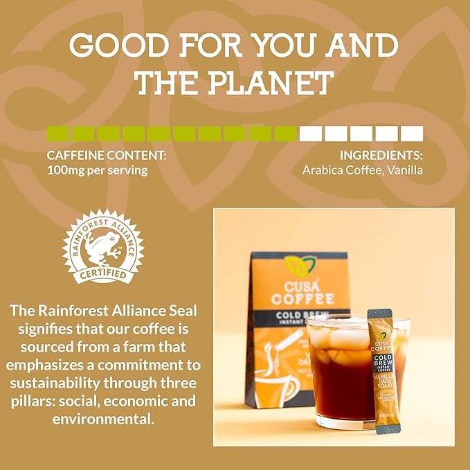 Cusa Tea & Coffee | Premium Instant Vanilla Dark Roast | Rainforest Alliance Certified Arabica Beans | Hot or Cold Brew Drink Mix Packets (30 Single Servings)