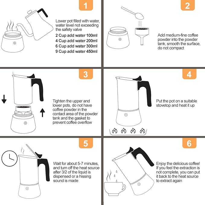 Uncoated 6 Cup Moka Pot 304 Thickened Stainless Steel Coffee Maker Stovetop Espresso Coffeemaker Italian Classic Style Brewing Greca Cafe Mocha Machine for Cafeteras Camping Travel Home 300ml 10oz